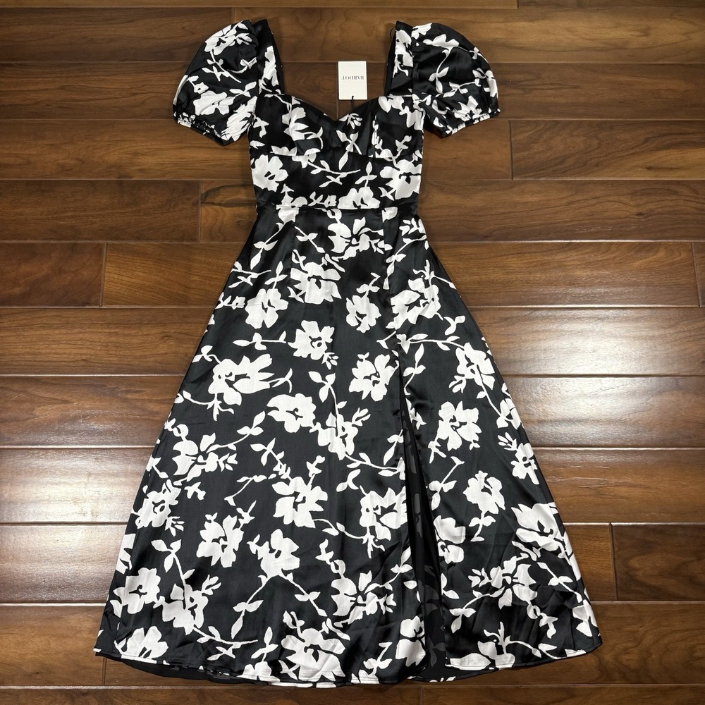 Bardot Women's Size US 2 Black Floral Gillian Midi Dress Short Puff Sleeve